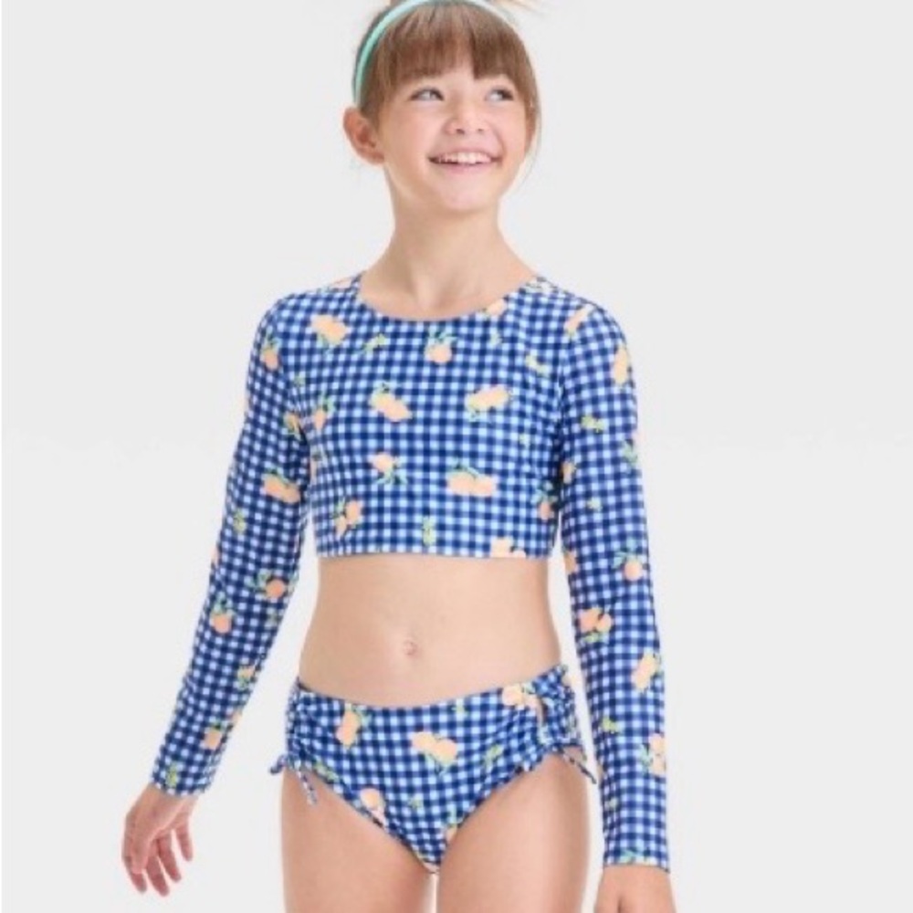 Girls' Orange Blossom Gingham Checkered Rash Guard - Art Class TOP ONLY Size XS